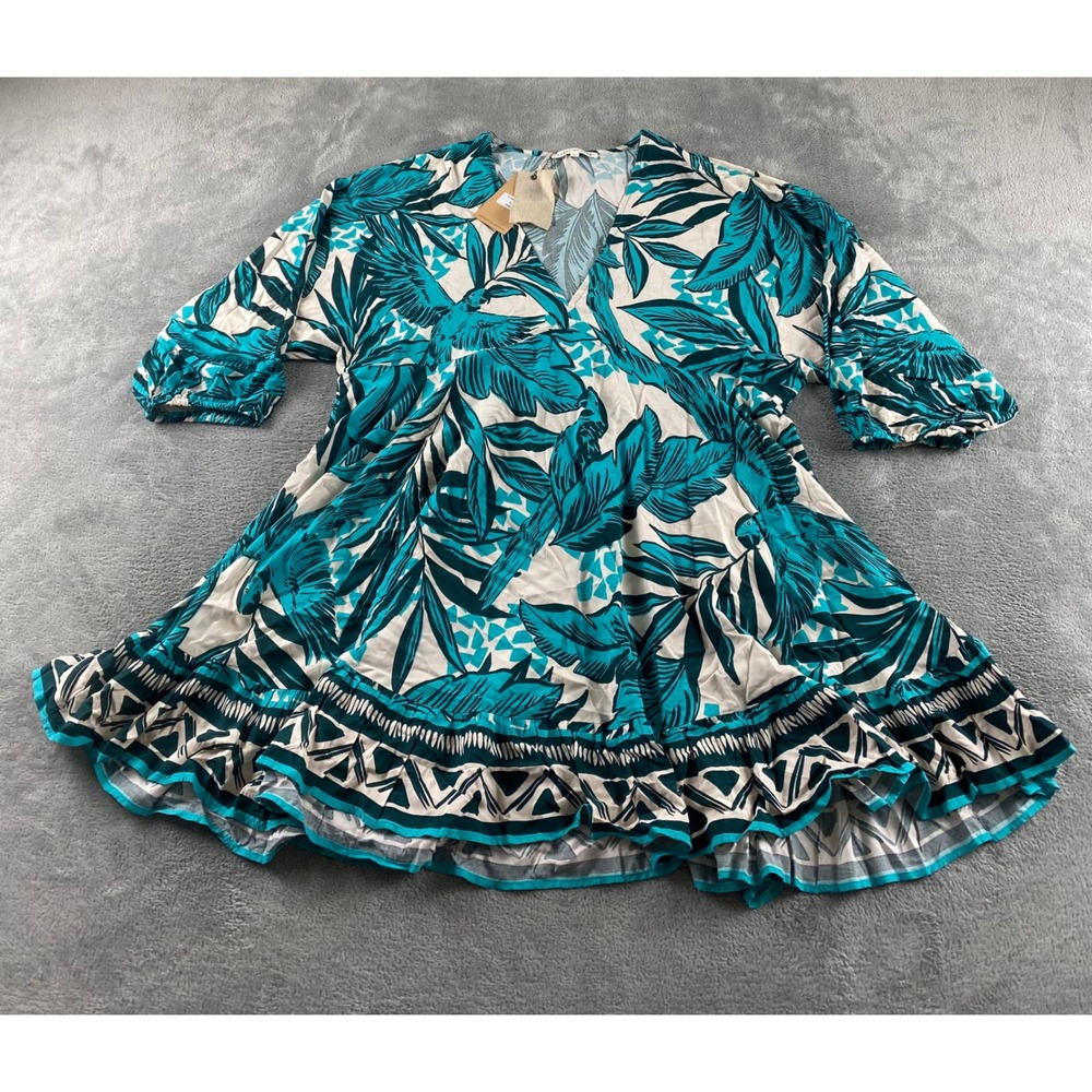 Label of Love Womens Teal Tropical Bird Print V-Neck Mini Dress Large TL24012IN